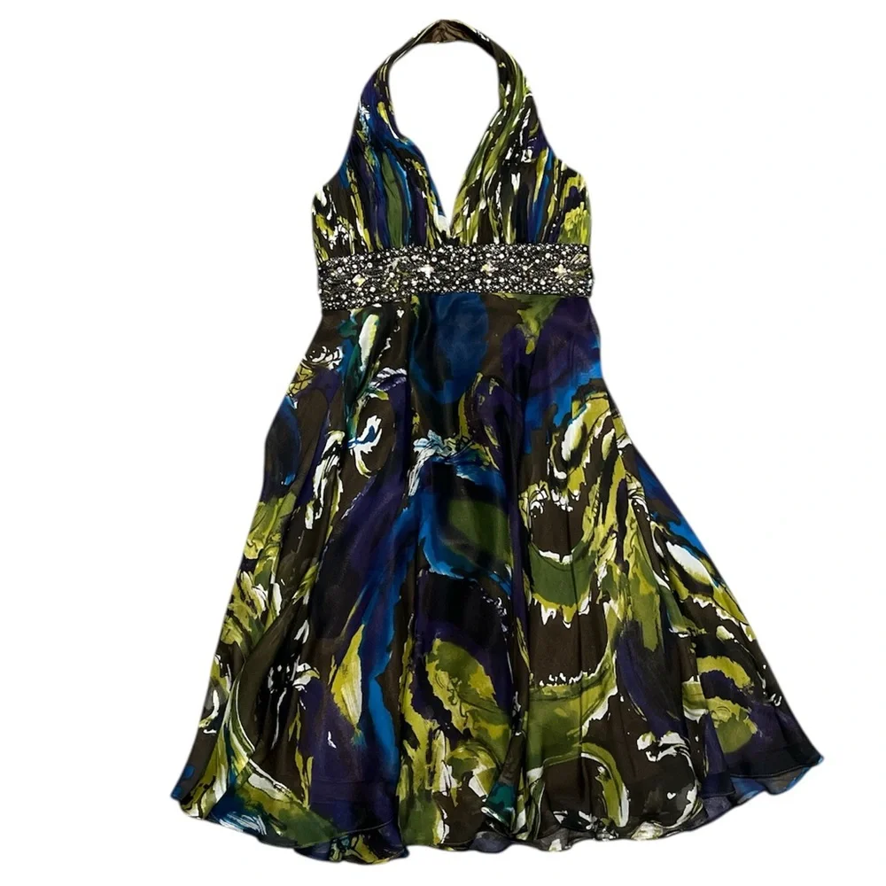 Tony Bowls Evenings Halter Dress Sz 6 Beaded Empire Waist Chiffon Cocktail Dress